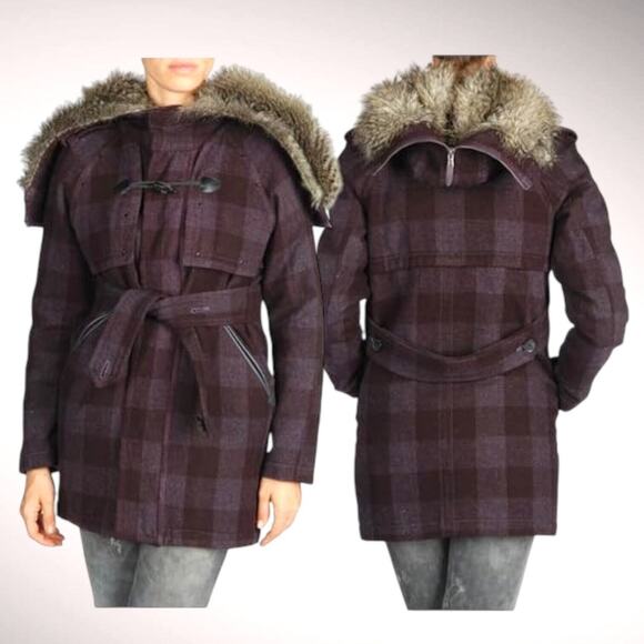 DIESEL Genuine Sheep Fur Wool Convertible Hood Plaid Parka Coat Jacket Maroon S - Picture 1 of 12